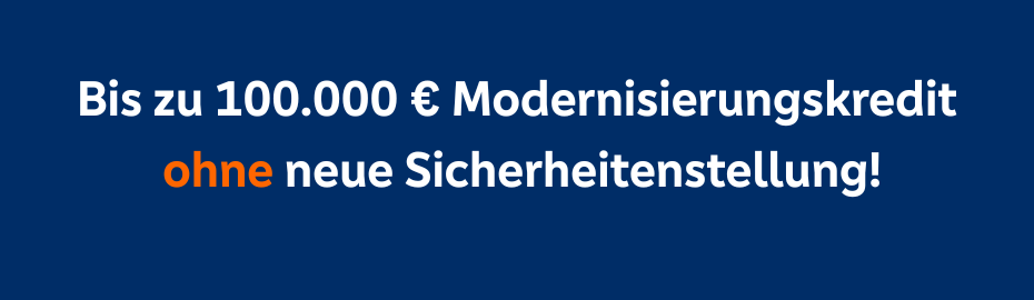 Modernisierungskredit ohne neue Sicherheitenstellung Profitieren Sie von unserer Expertise und unserem großen Netzwerk. Wir haben Zugriff auf Angebote von über 500 deutschlandweit tätigen Partnerbanken. Unabhängig davon, ob Sie kleinere Modernisierungen oder umfangreiche energetische Sanierungen planen, wir finden für Sie die passende Lösung. Machen Sie Ihre Immobilie fit für die Zukunft! Mit geeigneten Maßnahmen bei der Modernisierung, Renovierung oder Sanierung können Sie Energie und Geld sparen und den Werterhalt Ihrer Immobilie sichern. Planen Sie nachhaltig und bauen Sie Ihre Immobilie altersgerecht um, um Lebensqualität und Wohnkomfort zu genießen. Wir helfen Ihnen gerne bei der Finanzierung.